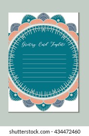 Mandala vintage template card in arabic and indian, islam and ottoman, turkish, asian style for brochure, flyer, greeting, invitation card, cover. Format A4. Floral holiday ornamental design. Vector