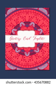 Mandala vintage template card in arabic and indian, islam and ottoman, turkish, asian style for brochure, flyer, greeting, invitation card, cover. Format A4. Floral holiday ornamental design. Vector