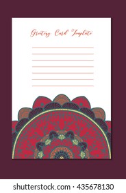 Mandala vintage template card in arabic and indian, islam and ottoman, turkish, asian style for brochure, flyer, greeting, invitation card, cover. Format A4. Floral holiday ornamental design. Vector