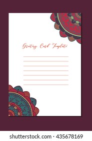 Mandala vintage template card in arabic and indian, islam and ottoman, turkish, asian style for brochure, flyer, greeting, invitation card, cover. Format A4. Floral holiday ornamental design. Vector