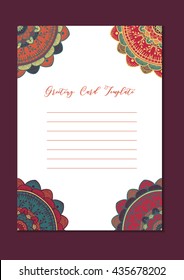 Mandala vintage template card in arabic and indian, islam and ottoman, turkish, asian style for brochure, flyer, greeting, invitation card, cover. Format A4. Floral holiday ornamental design. Vector