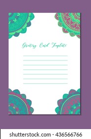 Mandala vintage template card in arabic and indian, islam and ottoman, turkish, asian style for brochure, flyer, greeting, invitation card, cover. Format A4. Floral holiday ornamental design. Vector