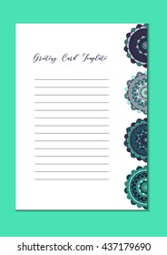 Mandala vintage template card in arabic and indian, islam and ottoman, turkish, asian style for brochure, flyer, greeting, invitation card, cover. Format A4. Floral holiday ornamental design. Vector