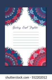 Mandala vintage template card in arabic and indian, islam and ottoman, turkish, asian style for brochure, flyer, greeting, invitation card, cover. Format A4. Floral holiday ornamental design. Vector