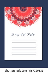 Mandala vintage template card in arabic and indian, islam and ottoman, turkish, asian style for brochure, flyer, greeting, invitation card, cover. Format A4. Floral holiday ornamental design. Vector