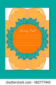 Mandala vintage template card in arabic and indian, islam and ottoman, turkish, asian style for brochure, flyer, greeting, invitation card, cover. Format A4. Floral holiday ornamental design. Vector