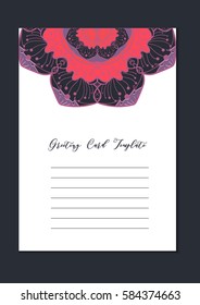 Mandala vintage template card in arabic and indian, islam and ottoman, turkish, asian style for brochure, flyer, greeting, invitation card, cover. Format A4. Floral holiday ornamental design. Vector