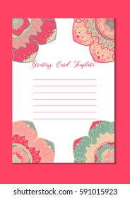 Mandala vintage template card in arabic and indian, islam and ottoman, turkish, asian style for brochure, flyer, greeting, invitation card, cover. Format A4. Floral holiday ornamental design. Vector