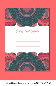 Mandala vintage template card in arabic and indian, islam and ottoman, turkish, asian style for brochure, flyer, greeting, invitation card, cover. Format A4. Floral holiday ornamental design. Vector