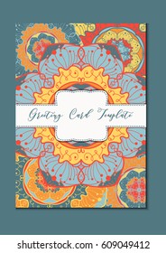 Mandala vintage template card in arabic and indian, islam and ottoman, turkish, asian style for brochure, flyer, greeting, invitation card, cover. Format A4. Floral holiday ornamental design. Vector