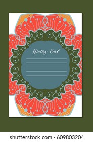 Mandala vintage template card in arabic and indian, islam and ottoman, turkish, asian style for brochure, flyer, greeting, invitation card, cover. Format A4. Floral holiday ornamental design. Vector