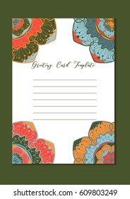 Mandala vintage template card in arabic and indian, islam and ottoman, turkish, asian style for brochure, flyer, greeting, invitation card, cover. Format A4. Floral holiday ornamental design. Vector
