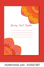 Mandala vintage template card in arabic and indian, islam and ottoman, turkish, asian style for brochure, flyer, greeting, invitation card, cover. Format A4. Floral holiday ornamental design. Vector