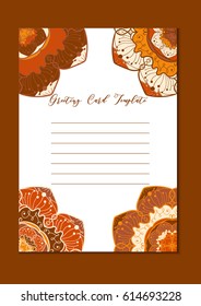 Mandala vintage template card in arabic and indian, islam and ottoman, turkish, asian style for brochure, flyer, greeting, invitation card, cover. Format A4. Floral holiday ornamental design. Vector