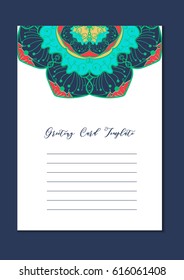 Mandala vintage template card in arabic and indian, islam and ottoman, turkish, asian style for brochure, flyer, greeting, invitation card, cover. Format A4. Floral holiday ornamental design. Vector
