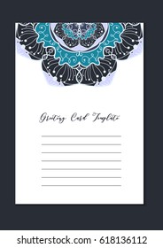 Mandala vintage template card in arabic and indian, islam and ottoman, turkish, asian style for brochure, flyer, greeting, invitation card, cover. Format A4. Floral holiday ornamental design. Vector