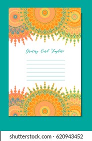 Mandala vintage template card in arabic and indian, islam and ottoman, turkish, asian style for brochure, flyer, greeting, invitation card, cover. Format A4. Floral holiday ornamental design. Vector