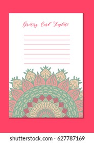 Mandala vintage template card in arabic and indian, islam and ottoman, turkish, asian style for brochure, flyer, greeting, invitation card, cover. Format A4. Floral holiday ornamental design. Vector