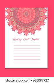 Mandala vintage template card in arabic and indian, islam and ottoman, turkish, asian style for brochure, flyer, greeting, invitation card, cover. Format A4. Floral holiday ornamental design. Vector