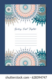 Mandala vintage template card in arabic and indian, islam and ottoman, turkish, asian style for brochure, flyer, greeting, invitation card, cover. Format A4. Floral holiday ornamental design. Vector