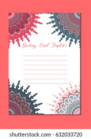 Mandala vintage template card in arabic and indian, islam and ottoman, turkish, asian style for brochure, flyer, greeting, invitation card, cover. Format A4. Floral holiday ornamental design. Vector