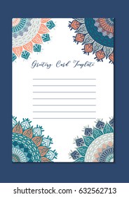 Mandala vintage template card in arabic and indian, islam and ottoman, turkish, asian style for brochure, flyer, greeting, invitation card, cover. Format A4. Floral holiday ornamental design. Vector