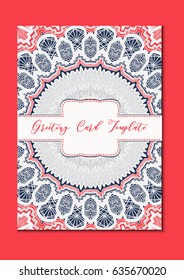 Mandala vintage template card in arabic and indian, islam and ottoman, turkish, asian style for brochure, flyer, greeting, invitation card, cover. Format A4. Floral holiday ornamental design. Vector
