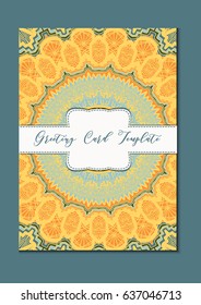 Mandala vintage template card in arabic and indian, islam and ottoman, turkish, asian style for brochure, flyer, greeting, invitation card, cover. Format A4. Floral holiday ornamental design. Vector