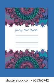 Mandala vintage template card in arabic and indian, islam and ottoman, turkish, asian style for brochure, flyer, greeting, invitation card, cover. Format A4. Floral holiday ornamental design. Vector