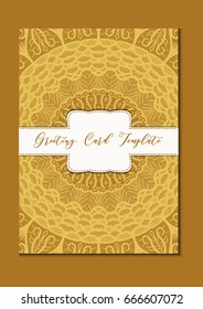 Mandala vintage template card in arabic and indian, islam and ottoman, turkish, asian style for brochure, flyer, greeting, invitation card, cover. Format A4. Floral holiday ornamental design. Vector