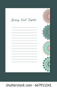 Mandala vintage template card in arabic and indian, islam and ottoman, turkish, asian style for brochure, flyer, greeting, invitation card, cover. Format A4. Floral holiday ornamental design. Vector