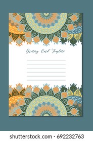 Mandala vintage template card in arabic and indian, islam and ottoman, turkish, asian style for brochure, flyer, greeting, invitation card, cover. Format A4. Floral holiday ornamental design. Vector