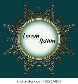 Mandala, vintage turquoise blue background with old paper texture and round lacy transparent ornamental frame on it. Vector Eps 10