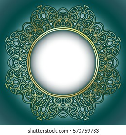 Mandala, vintage turquoise blue background with old paper texture and round lace transparent decorative frame on it. Vector EPS 10