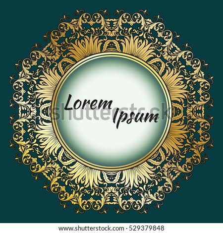 Mandala, vintage turquoise blue background with old paper texture and round lacy transparent ornamental frame on it. Vector Eps 10