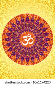 Mandala violet, orange, yellow.
Aum sign in a halo of fine lines and openwork ornament. Spiritual symbol. Motives of Eastern culture. Vector graphics.
