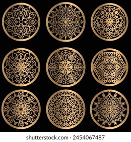 Mandala wall art, Lotus Mandala Vector Template Set for Cutting and Printing, Mandala logo, Oriental silhouette ornament. 