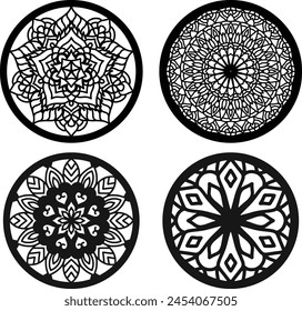 Mandala wall art, Lotus Mandala Vector Template Set for Cutting and Printing, Mandala logo, Oriental silhouette ornament. 