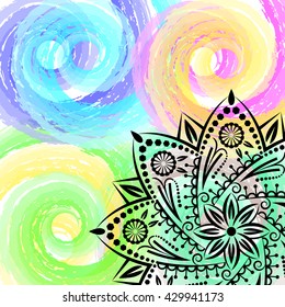 Mandala, watercolor background indian medallion. Pattern bohemian, decorative round ornament element. Abstract vintage art flower. Tribal, yoga vector design