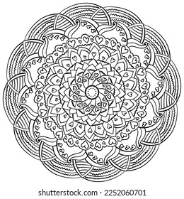 Mandala with wavy doodle elements and hearts, meditative antistress coloring book for holiday activity or decor vector illustration