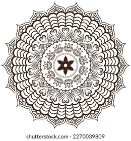 Mandala with wavy doodle elements and hearts on a transparent background. Vector monochrome image