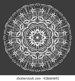 Mandala white. Black background. The circle hand drawn
