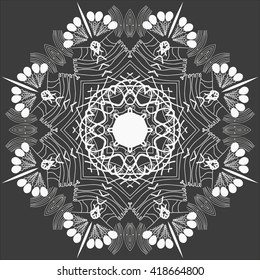 Mandala white. Black background. Perfect symmetry, flowers of the summer