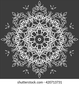 Mandala White. Black Background. Snowflake Style, Perfect Symmetry.