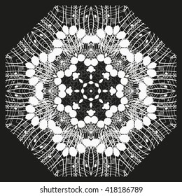 Mandala white. Black background. Strange forest...