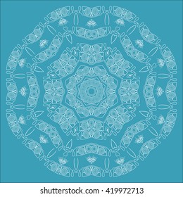 Mandala white, blue background. Snowflake for wedding day
