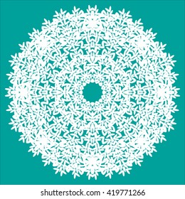 Mandala white. Blue background. Wedding symbol, snowflake