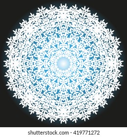Mandala white. Blue, black background. Wedding symbol, snowflake