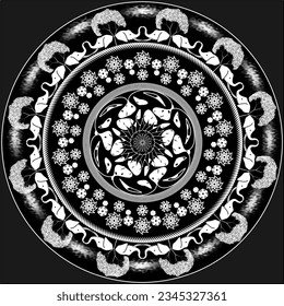 Mandala of white lines and black background with border of elephants, trees and clouds.