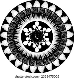 Mandala of white lines on a black background with the four components of nature: Earth, Air, Fire and Water.